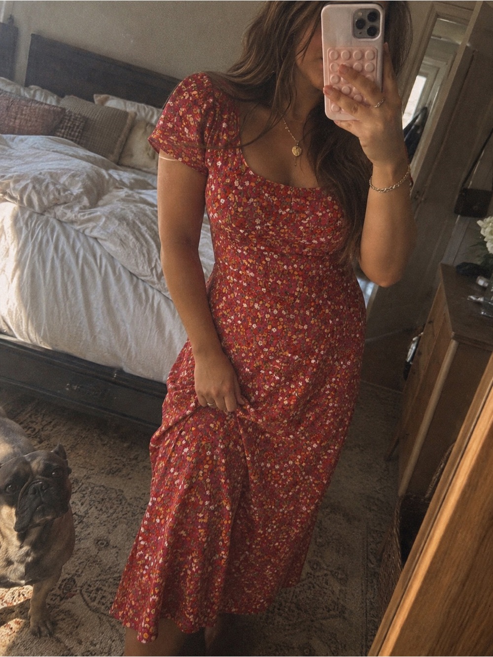 Wanted VINTAGE 90s Milkmaid Floral Red Short-Sleeve Scoop Neck Dress Fits Size L